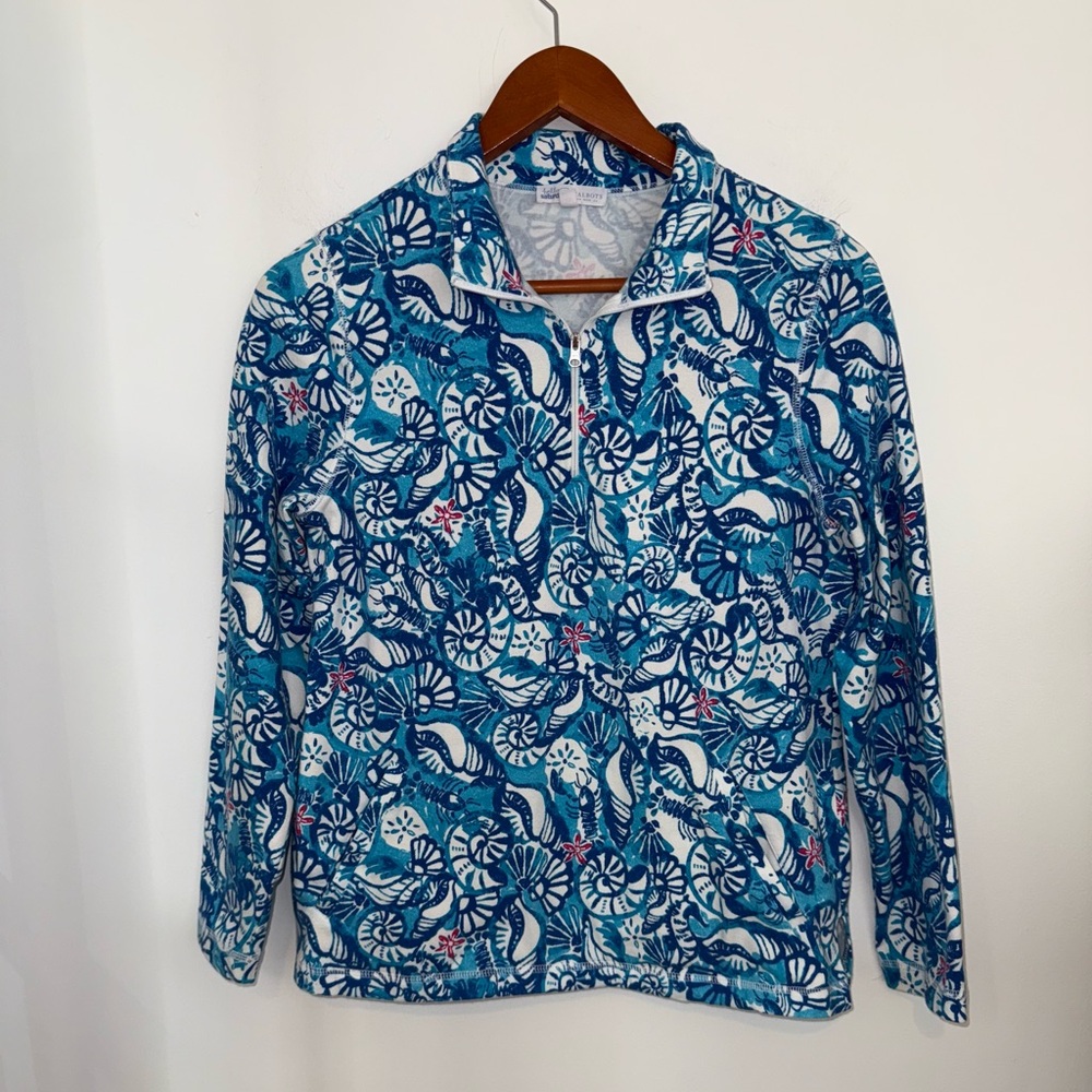 Talbots Women's Blue Seashell Print 1/4 Zip Pullover, sz Small Petite - Picture 3 of 13